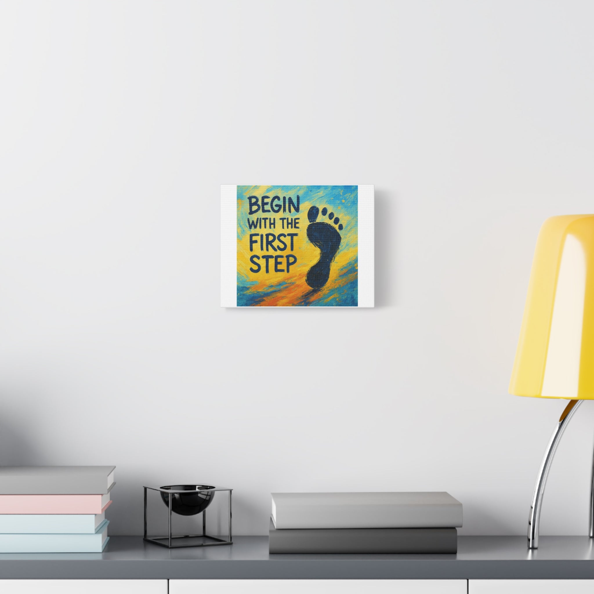 Inspirational Wall Art Canvas – “Begin With the First Step” Footprint Motivational Quote