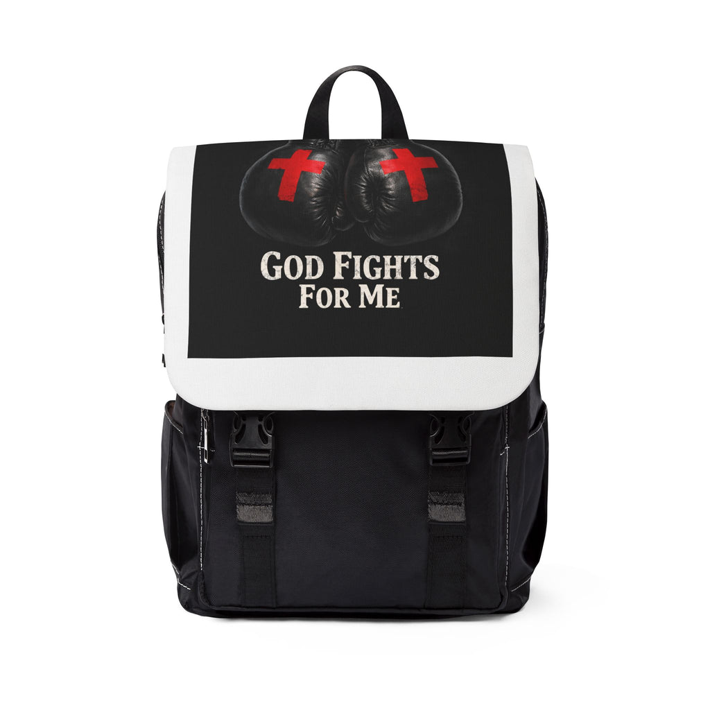 God Fights For Me Backpack — Christian Faith Shoulder Bag with Boxing Gloves Design