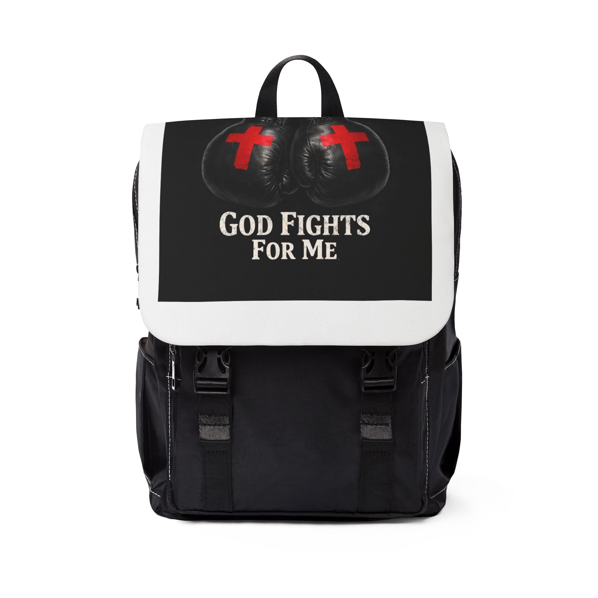 God Fights For Me Backpack — Christian Faith Shoulder Bag with Boxing Gloves Design