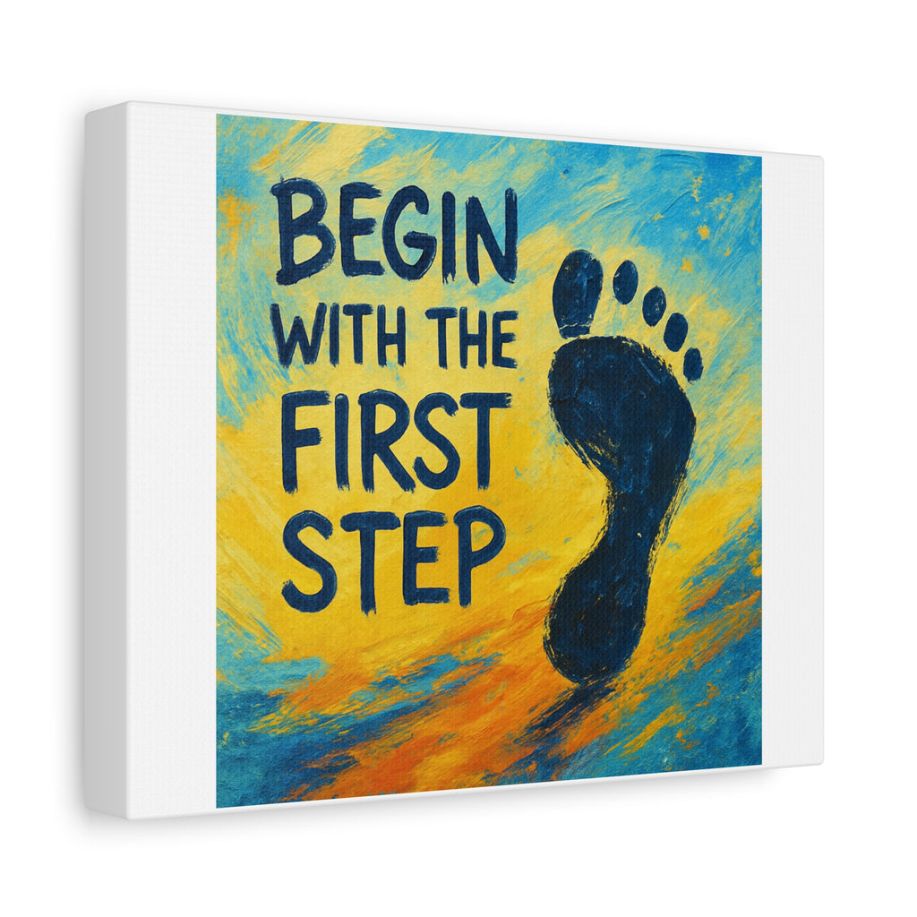Inspirational Wall Art Canvas – “Begin With the First Step” Footprint Motivational Quote