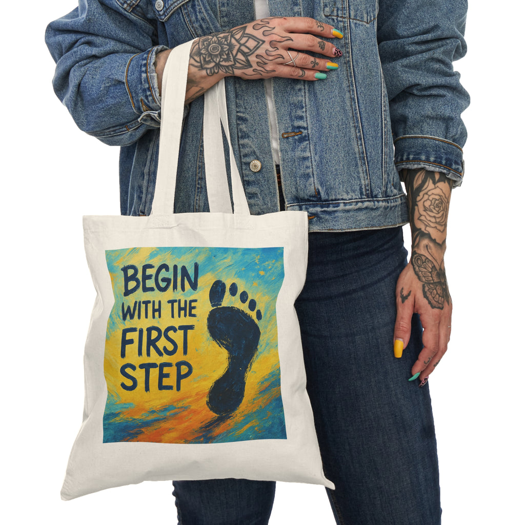 Begin With The First Step Canvas Tote — Inspirational Footprint Grocery Bag