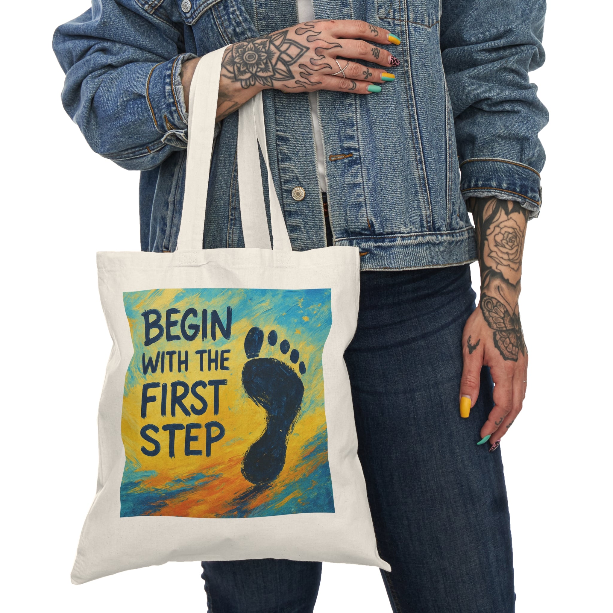 Begin With The First Step Canvas Tote — Inspirational Footprint Grocery Bag