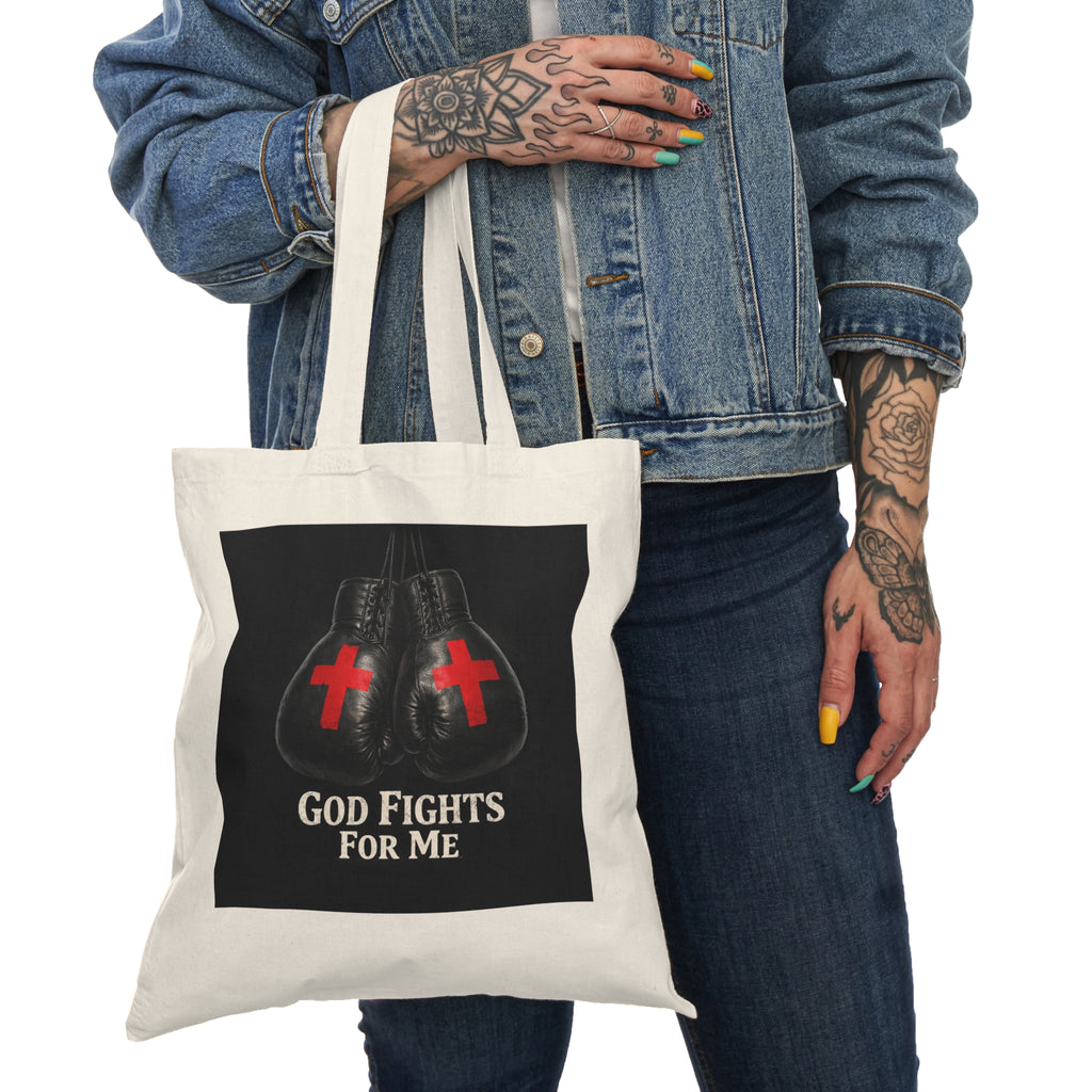 God Fights For Me Tote Bag — Christian Boxing Gloves Canvas Tote