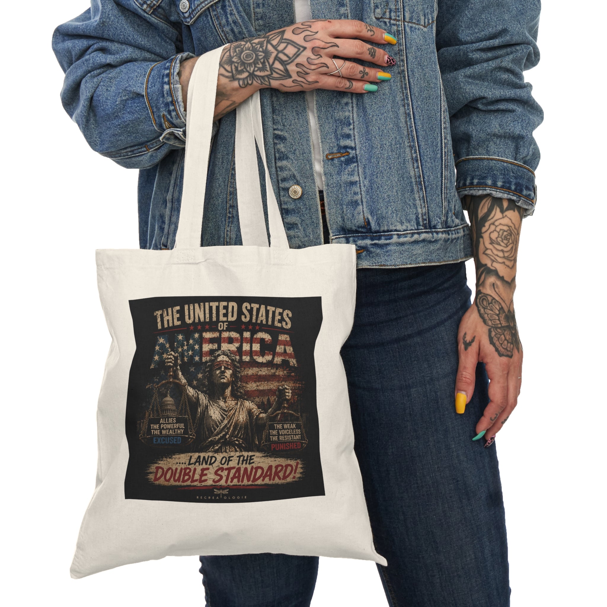 Natural Tote Bag — The United States of America: Land of the Double Standard Vintage Protest Tote